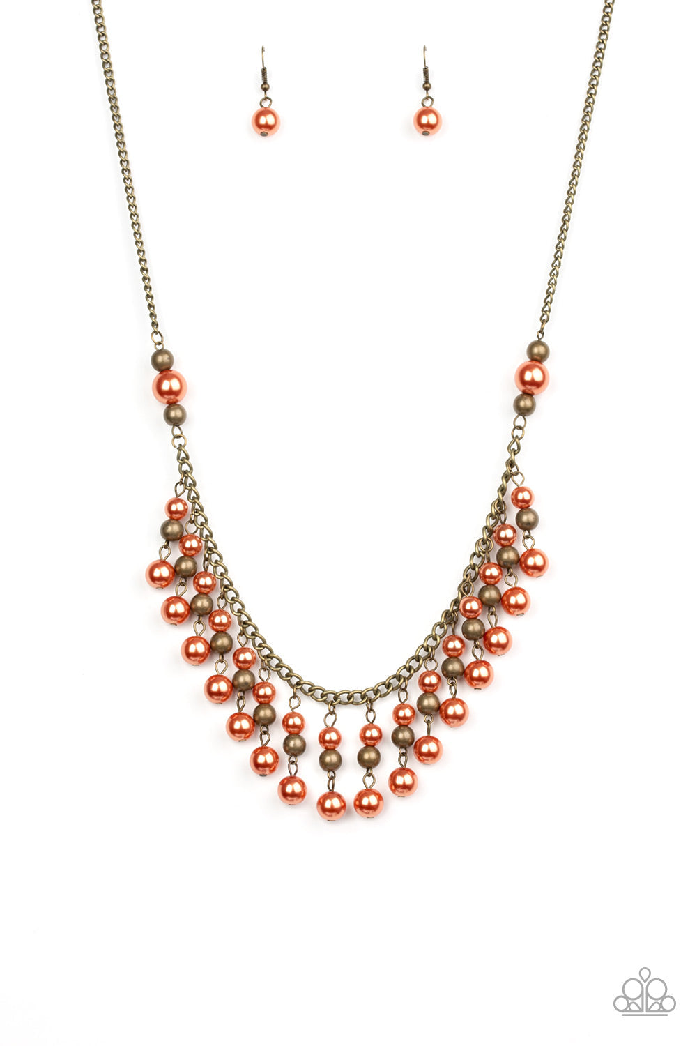 Location, Location, Location! - Orange - Brass Necklace - Paparazzi Accessories - Pearly orange and brass beaded tassels swing from the bottom of a glistening brass chain, creating a refined fringe below the collar. Features an adjustable clasp closure.