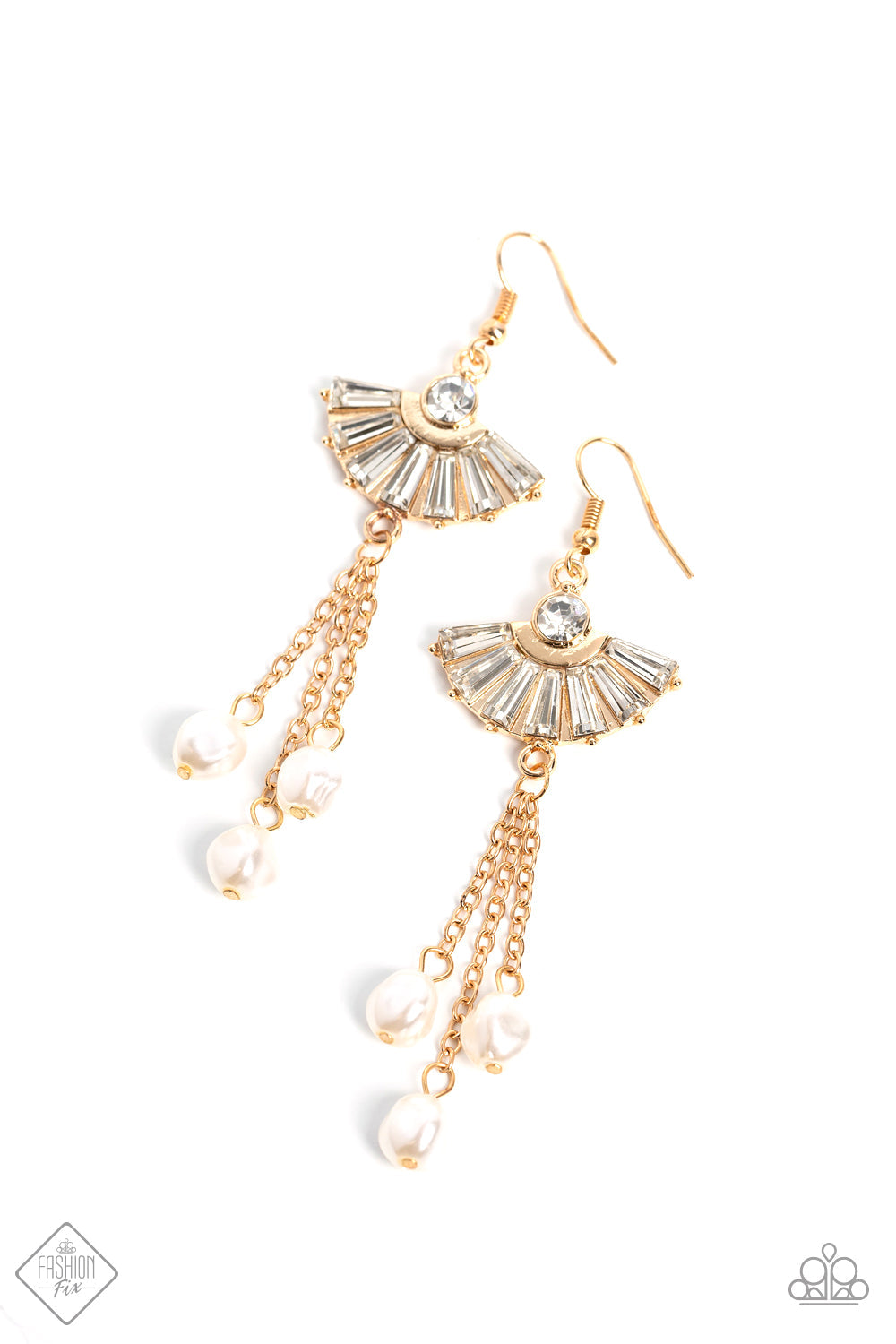 London Season Lure - Gold Earrings - Paparazzi Accessories - Glassy, emerald-cut gems fan out around a solitaire rhinestone, creating a semicircle of glitz encased in gold. Each polished gem is pressed into pronged fittings, ensuring maximum sparkle as the light catches each angle. Gold chains stream from the bottom of the fanned-out gems above, leading to a trio of baroque pearls for a romantic finish. Earring attaches to a standard fishhook fitting. Sold as one pair of earrings.