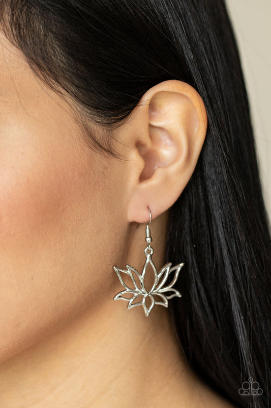 Lotus Ponds - Silver Earrings - Paparazzi Accessories - Brushed in a high sheen shimmer, an oversized silver lotus swings from the ear for a seasonal fashion.