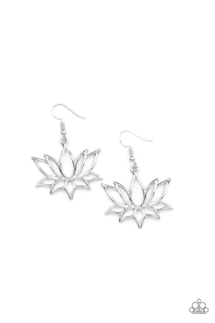 Lotus Ponds - Silver Earrings - Paparazzi Accessories - Brushed in a high sheen shimmer, an oversized silver lotus swings from the ear for a seasonal fashion.