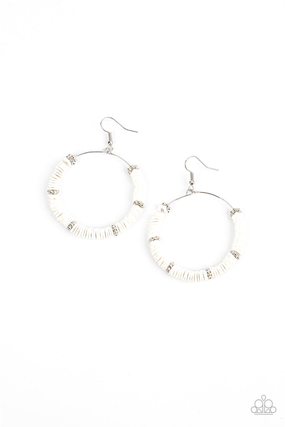 Loudly Layered - White And Silver Flower Earrings - Paparazzi Accessories - Infused with studded silver floral-shaped rings, a flirty collection of rubbery white flowers are threaded along a dainty wire hoop for a whimsical pop of color. Earring attaches to a standard fishhook fitting.