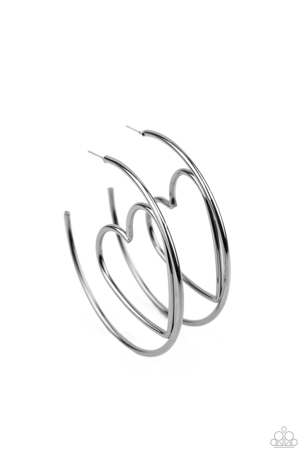 Love At First BRIGHT - Black - Gunmetal Hoop Earrings - Paparazzi Accessories - Glistening gunmetal wire delicately bends into an airy heart frame inside a classic gunmetal hoop, creating a flirtatious display. Earring attaches to a standard post fitting. Hoop measures approximately 2" in diameter.