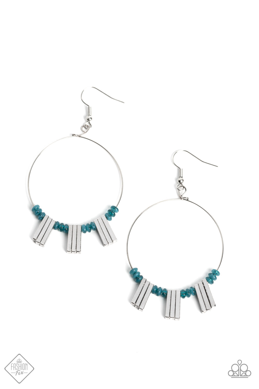 Luxe Lagoon - Blue and Silver Earrings - Paparazzi Accessories - Tiny Harbor Blue beads are threaded along the bottom edge of a skinny silver hoop. The beads are separated by sections of rectangular silver bars that accentuate the curvature of the hoop, resulting in a flared design that demands attention. Earring attaches to a standard fishhook fitting. Sold as one pair of earrings.