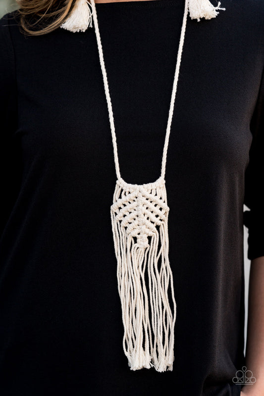 Macrame Mantra - White Necklace - Paparazzi Accessories - Soft twine-like cording decoratively knots into a macramé inspired pendant at the bottom of lengthened strands of twisted cording. Featuring frayed ends, excess cording streams from the bottom of the knotted centerpiece, creating an earthy fringe. Features an adjustable sliding knot closure. Sold as one individual necklace.