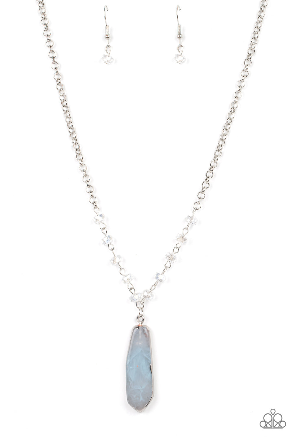 Magical Remedy - Blue and Silver Fashion Necklace - Paparazzi Accessories -  Faux stone finish, Glacier Lake smoke in an acrylic frame below the collar. Glittery crystal-like beads sparkle along the silver chain, drawing attention to the mystical pendant. Features an adjustable clasp closure.