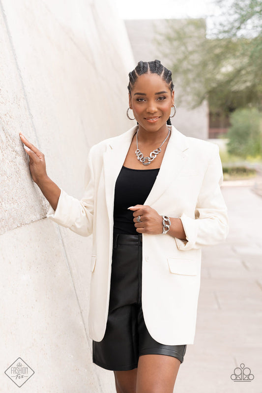 Magnificent Musings - Complete Trend Blend - Silver Jewelry Set - Paparazzi Accessories - Includes one of each accessory: Bombshell Bling Necklace, Tick, Tick, Boom! Hoop Earrings, BOMBSHELL Squad Bracelet and Blockbuster Boom Ring.