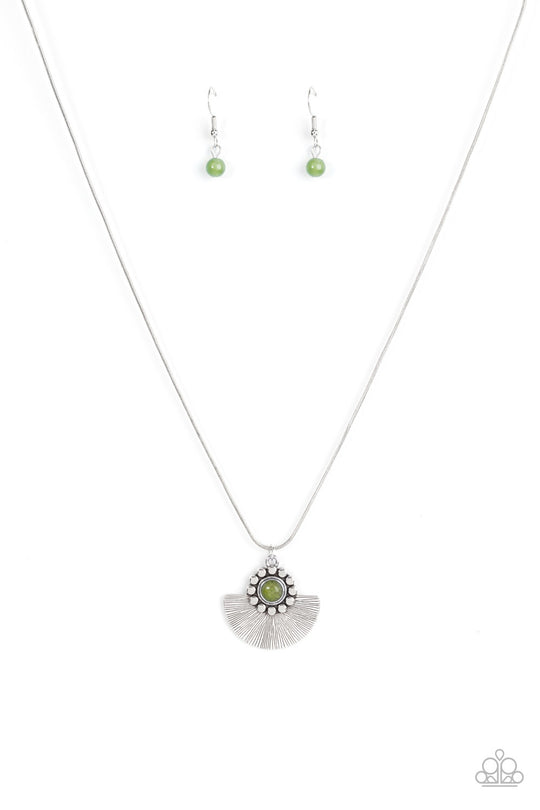 Magnificient Manifestations - Green and Silver Necklace - Bordered in a ring of flat silver studs, a mystical green bead adorns the top of a textured silver half moon pendant that glides along a rounded silver snake chain for an ethereal fashion. Features an adjustable clasp closure. Sold as one individual necklace.