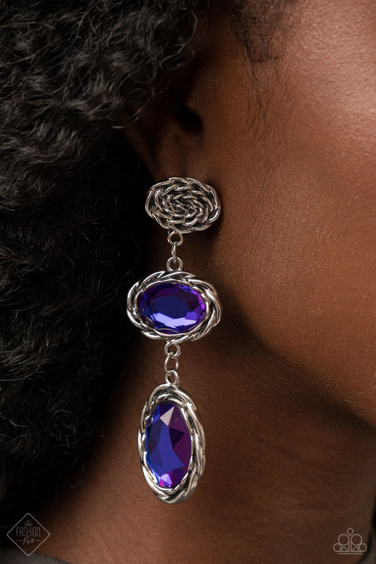 Majestic Muse - Colorful Purple Gem Earrings - Paparazzi Accessories - Bejeweled Accessories By Kristie - A coil of antiqued silver gives way to two oval multicolored purple gems. Brushed in a metallic-like finish, the shimmering gems are wrapped in layered frames of rustic rope texture creating an elegantly idyllic lure. Earring attaches to a standard post fitting.