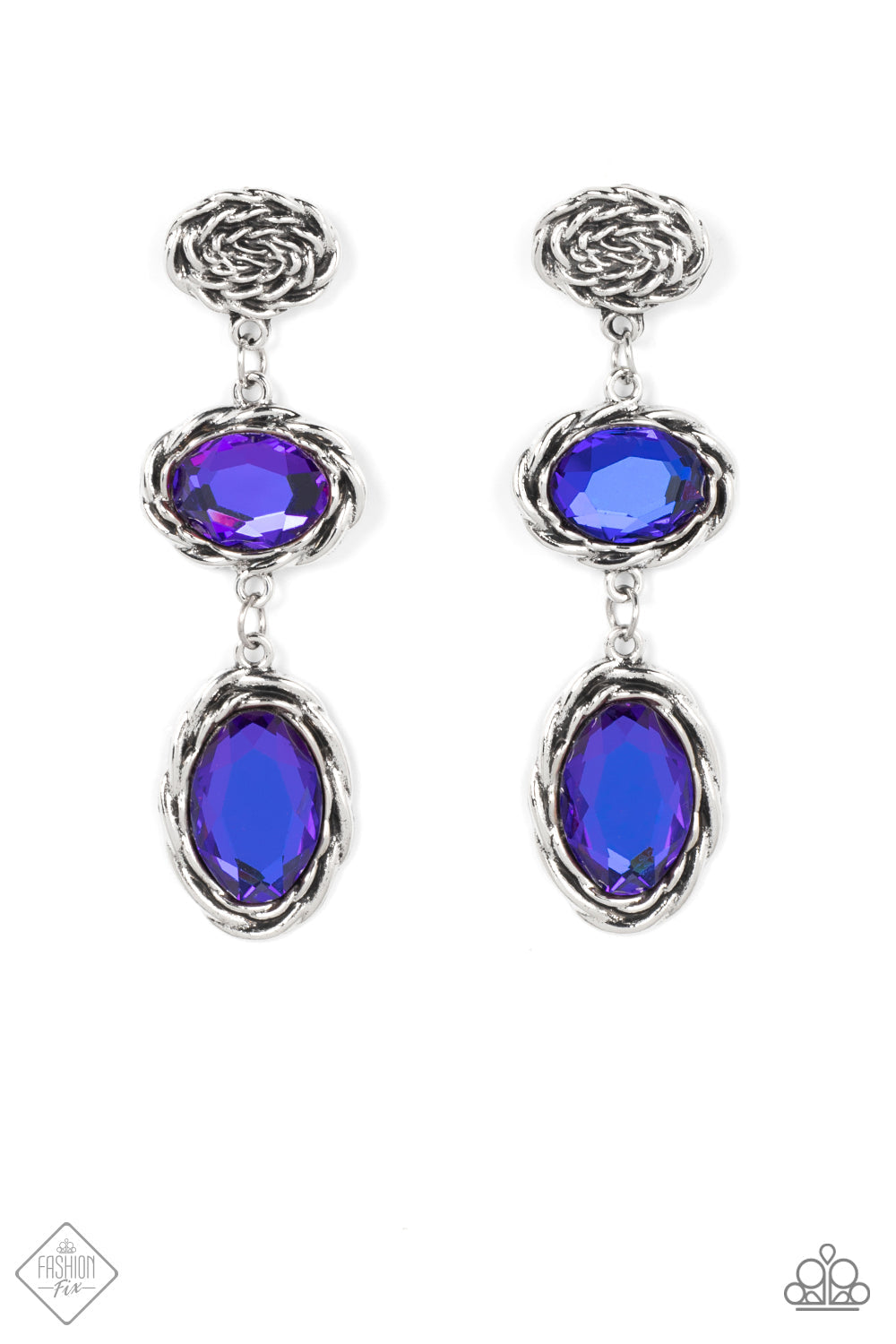 Majestic Muse - Colorful Purple Gem Fashion Earrings - Paparazzi Accessories - A coil of antiqued silver gives way to two oval multicolored purple gems. Brushed in a metallic-like finish, the shimmering gems are wrapped in layered frames of rustic rope texture creating an elegantly idyllic unique fashion. Earring attaches to a standard post fitting. 