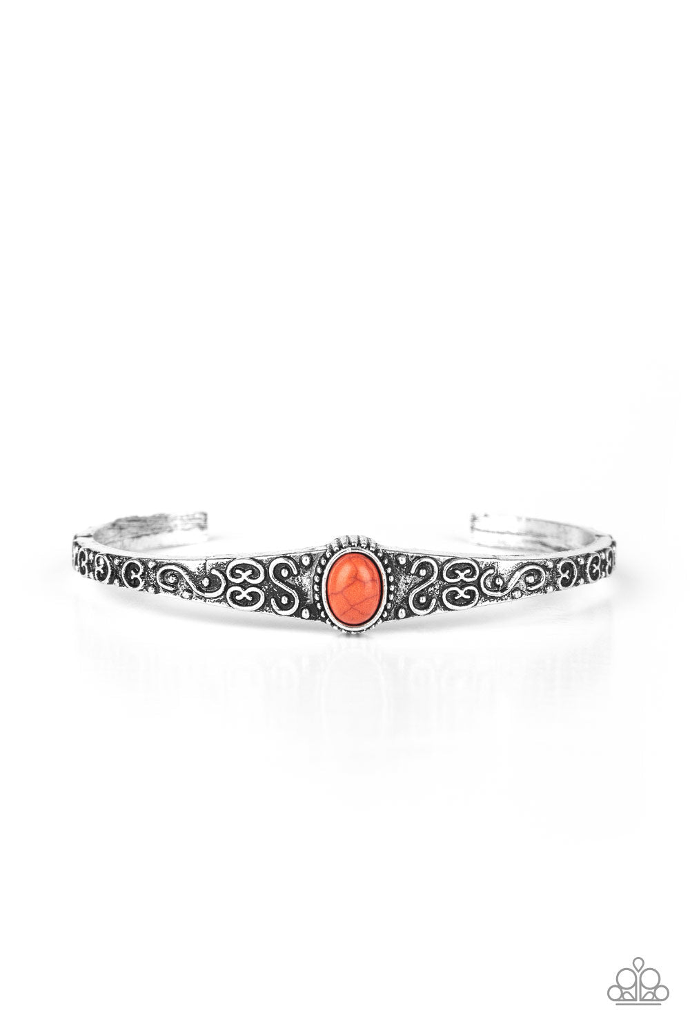 Make Your Own Path - Orange and Silver Cuff Bracelet - Paparazzi Accessories - Infused with an earthy orange stone center, a dainty silver cuff has been embossed in swirling antiqued detail for a seasonal look. Sold as one individual bracelet.