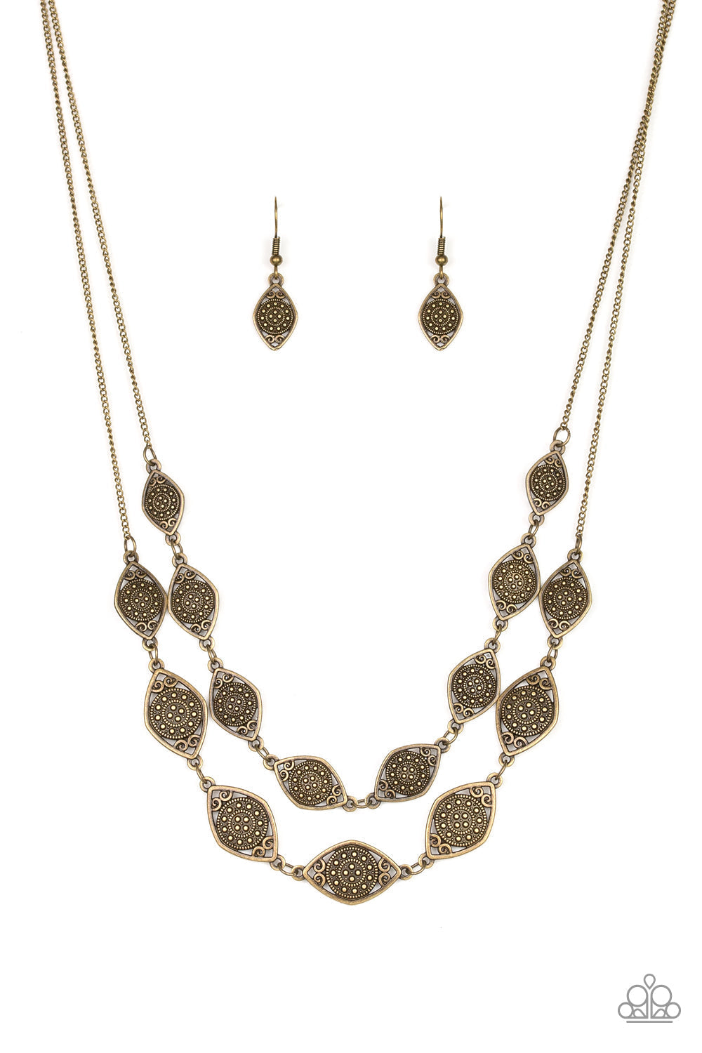 Make Yourself At HOMESTEAD - Brass Chain Fashion Necklace - Paparazzi Accessories -Featuring ornate brass centers, marquise shaped frames link into two rows below the collar for a rustic look. Features an adjustable clasp closure. Sold as one individual fashion necklace. 