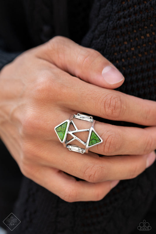 Making Me Edgy - Green and Silver Ring - Paparazzi Accessories - Featuring an abstract pattern, a pair of green triangular acrylic frames flank an airy silver band pieced together by stenciled geometric patterns for an edgy look. Features a stretchy band for a flexible fit. Sold as one individual ring. 