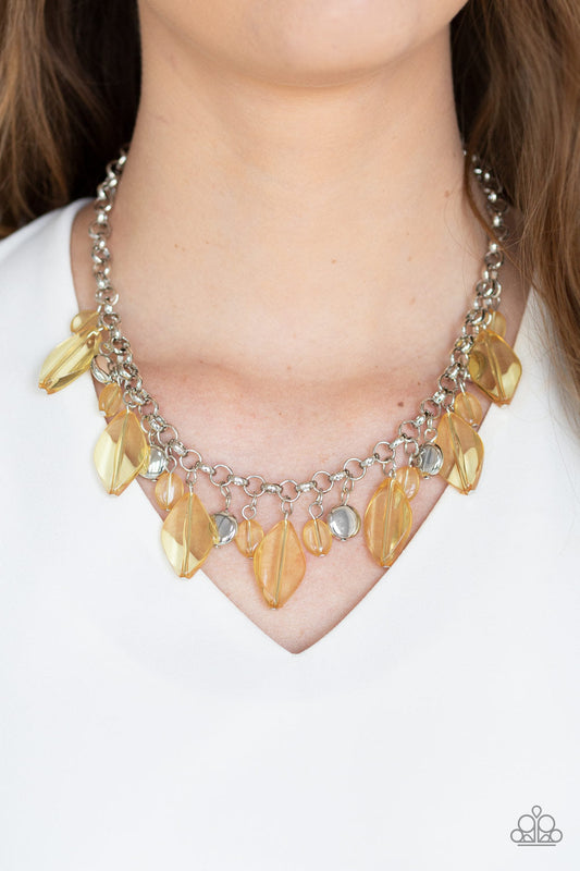 Malibu Ice - Yellow and Silver Necklace - Paparazzi Accessories - A collection of glassy yellow beads and shimmery silver accents dangle from the bottom of a glistening silver chain, creating a flirtatious fringe below the collar stylish fashion necklace.