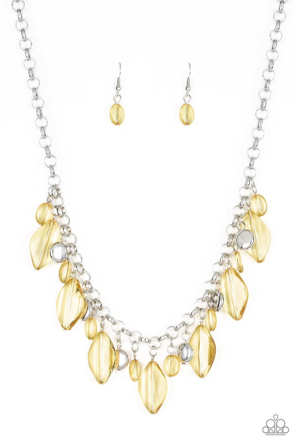 Malibu Ice - Yellow and Silver Necklace - Paparazzi Accessories - A collection of glassy yellow beads and shimmery silver accents dangle from the bottom of a glistening silver chain, creating a flirtatious fringe below the collar stylish fashion necklace.