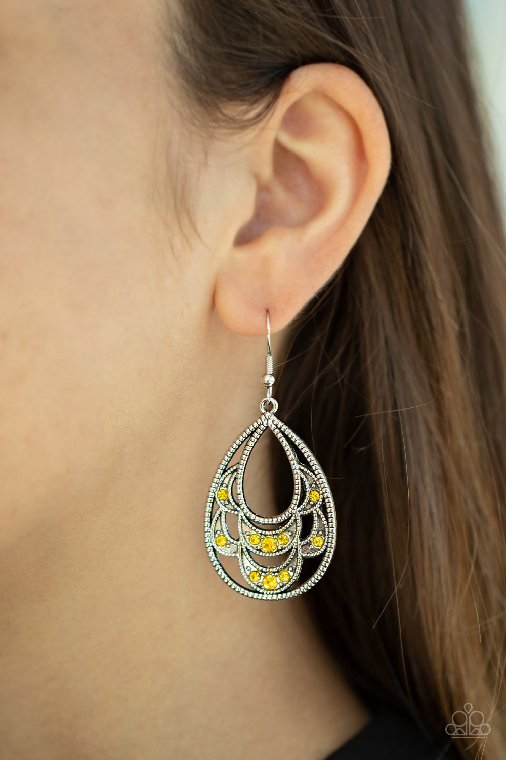 Malibu Macrame - Yellow and Silver Earrings - Paparazzi Accessories - Dotted in dainty yellow rhinestones, studded silver petals layer into an ornate silver teardrop for a whimsical look. Earring attaches to a standard fishhook fitting.