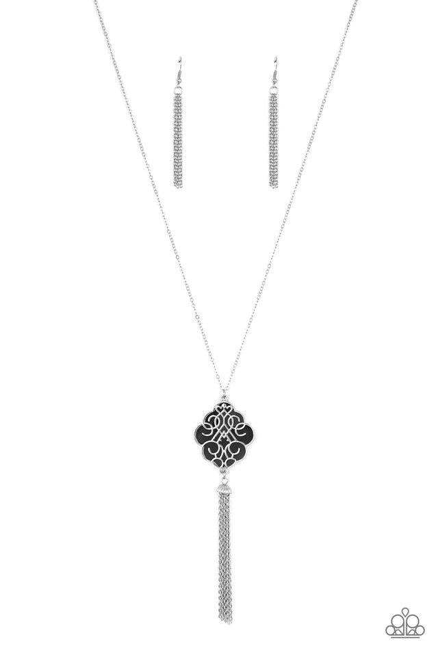 Malibu Mandala - Black and Silver Stylish Fashion Necklace - Paparazzi Accessories - Shimmery silver filigree swirls across a shiny black backdrop, coalescing into a colorful pendant. A glistening silver chain tassel swings from the bottom of the pendant for a whimsical finish necklace. Features an adjustable clasp closure.