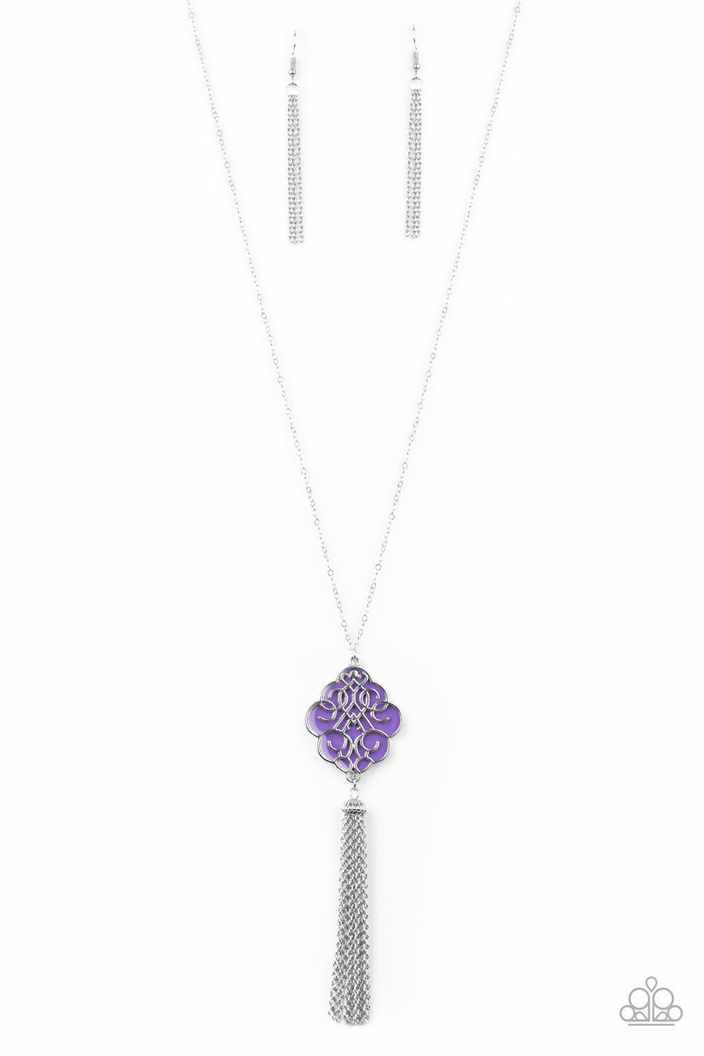 Malibu Mandala - Purple and Silver Necklace & Earrings - Paparazzi Accessories - 
Shimmery silver filigree swirls across a shiny purple backdrop, coalescing into a colorful pendant. A glistening silver chain tassel swings from the bottom of the pendant for a whimsical finish. Features an adjustable clasp closure.