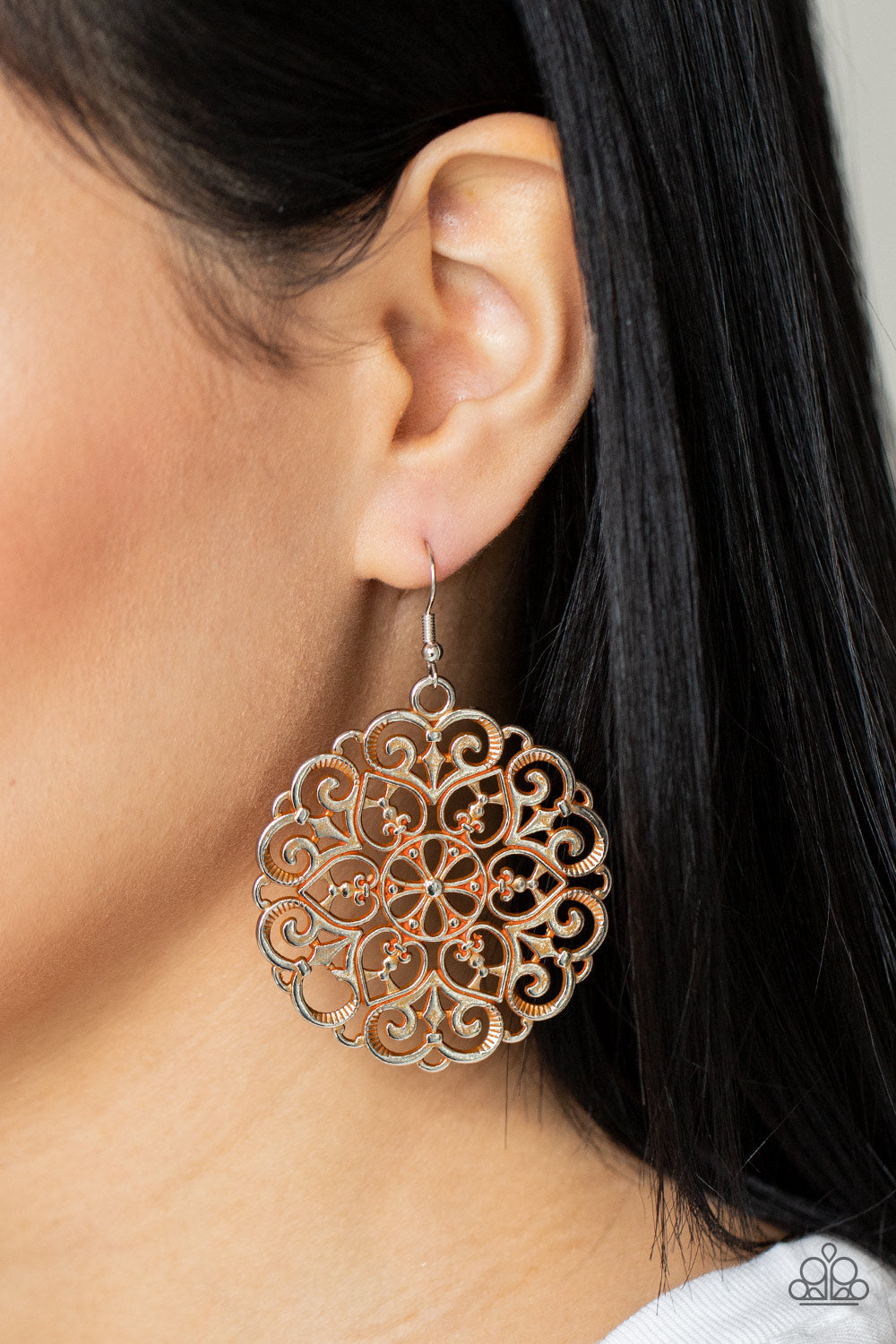 MANDALA Effect - Orange and Silver Stylish Fashion Earrings - Paparazzi Accessories - Brushed in a rustic orange finish, an oversized mandala-like silver frame swings from the ear for a seasonal pop of color. Earring attaches to a standard fishhook fitting. Sold as one pair of earrings.