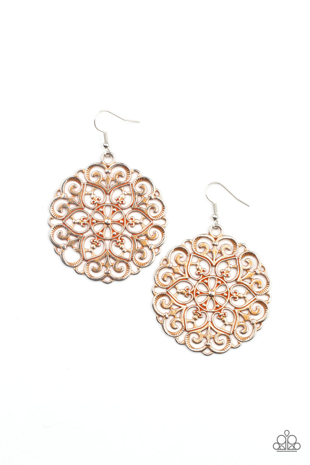 MANDALA Effect - Orange and Silver Fashion Earrings - Paparazzi Accessories - Brushed in a rustic orange finish, an oversized mandala-like silver frame swings from the ear for a seasonal pop of color. Earring attaches to a standard fishhook fitting. Sold as one pair of earrings.