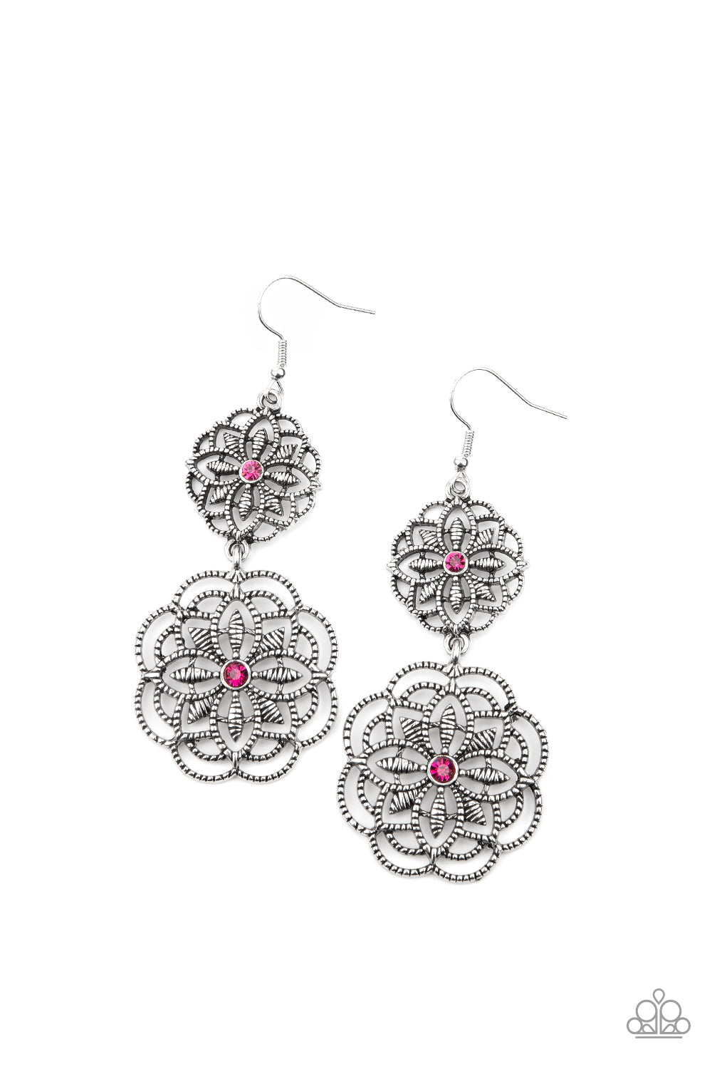 Mandala Mecca - Pink and Silver Floral Earrings - Paparazzi Accessories - Dotted with dainty pink rhinestone centers, studded mandala-like silver frames connect into a whimsical floral lure. Earring attaches to a standard fishhook fitting. Sold as one pair of earrings.