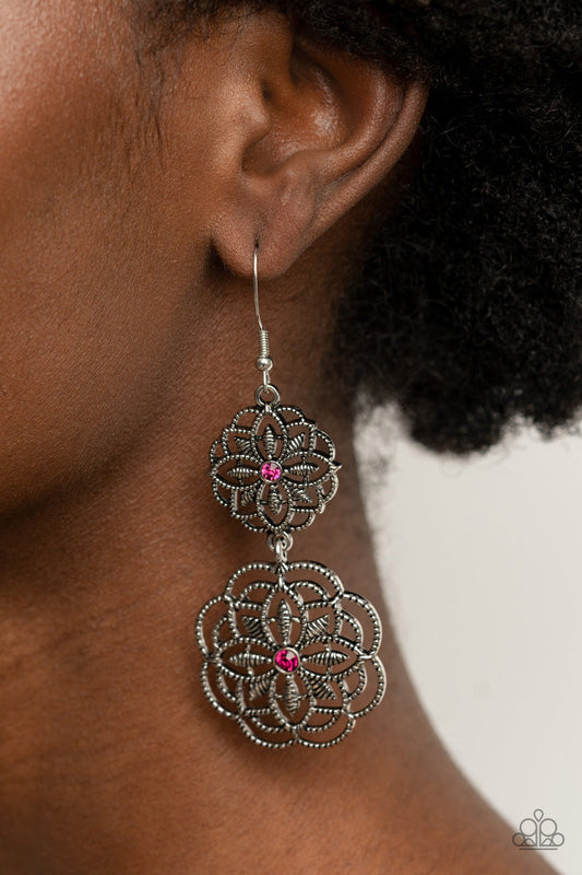 Mandala Mecca - Pink and Silver Floral Earrings - Paparazzi Jewelry - Bejeweled Accessories By Kristie - Dotted with dainty pink rhinestone centers, studded mandala-like silver frames connect into a whimsical floral lure. Earring attaches to a standard fishhook fitting. Sold as one pair of earrings.