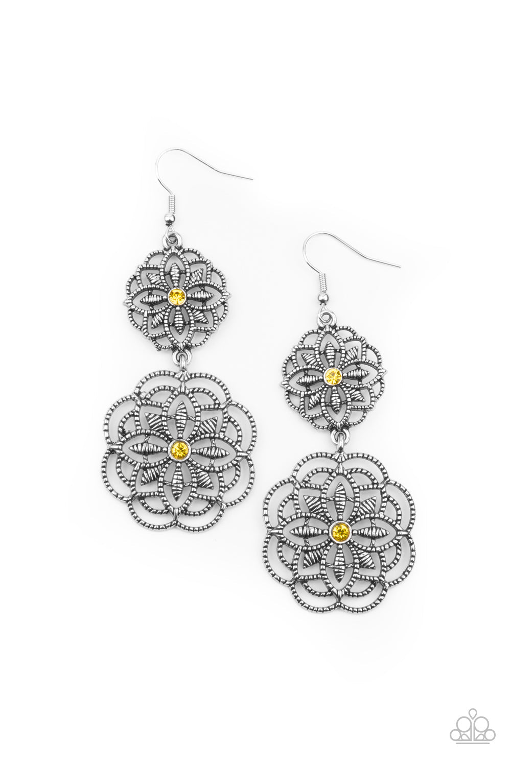 Mandala Mecca - Yellow and Silver Earrings - Paparazzi Accessories - Dotted with dainty yellow rhinestone centers, studded mandala-like silver frames connect into a whimsical floral lure. Earring attaches to a standard fishhook fitting. Sold as one pair of earrings.