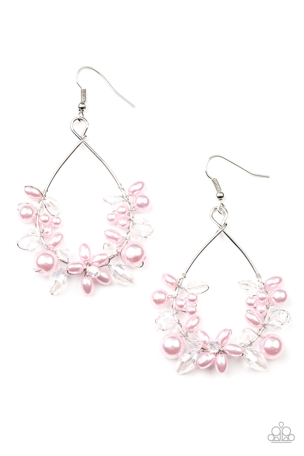 Marina Banquet - Pink Pearl - Floral Silver Earrings - Paparazzi Accessories - A bubbly collection of pink pearls and white crystal-like beads are threaded along the bottom of a dainty wire hoop, creating twinkly floral accents. Earring attaches to a standard fishhook fitting. 