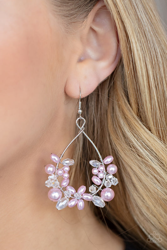 Marina Banquet - Pink Pearl - Floral Silver Earrings - Paparazzi Accessories - A bubbly collection of pink pearls and white crystal-like beads are threaded along the bottom of a dainty wire hoop, creating twinkly floral accents. Earring attaches to a standard fishhook fitting.