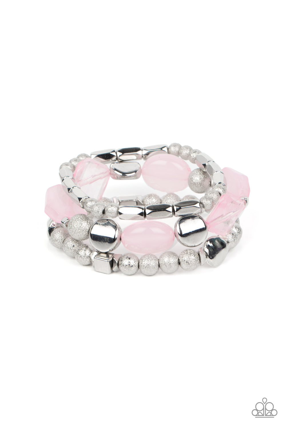 Marina Magic - Pink and Silver Fashion Bracelets - Paparazzi Accessories - Infused with enchanting pops of Pale Rosette crystal-like and glassy accents, a mismatched assortment of hammered, cube, and faceted silver beads are threaded along stretchy bands around the wrist, creating shimmery layers.