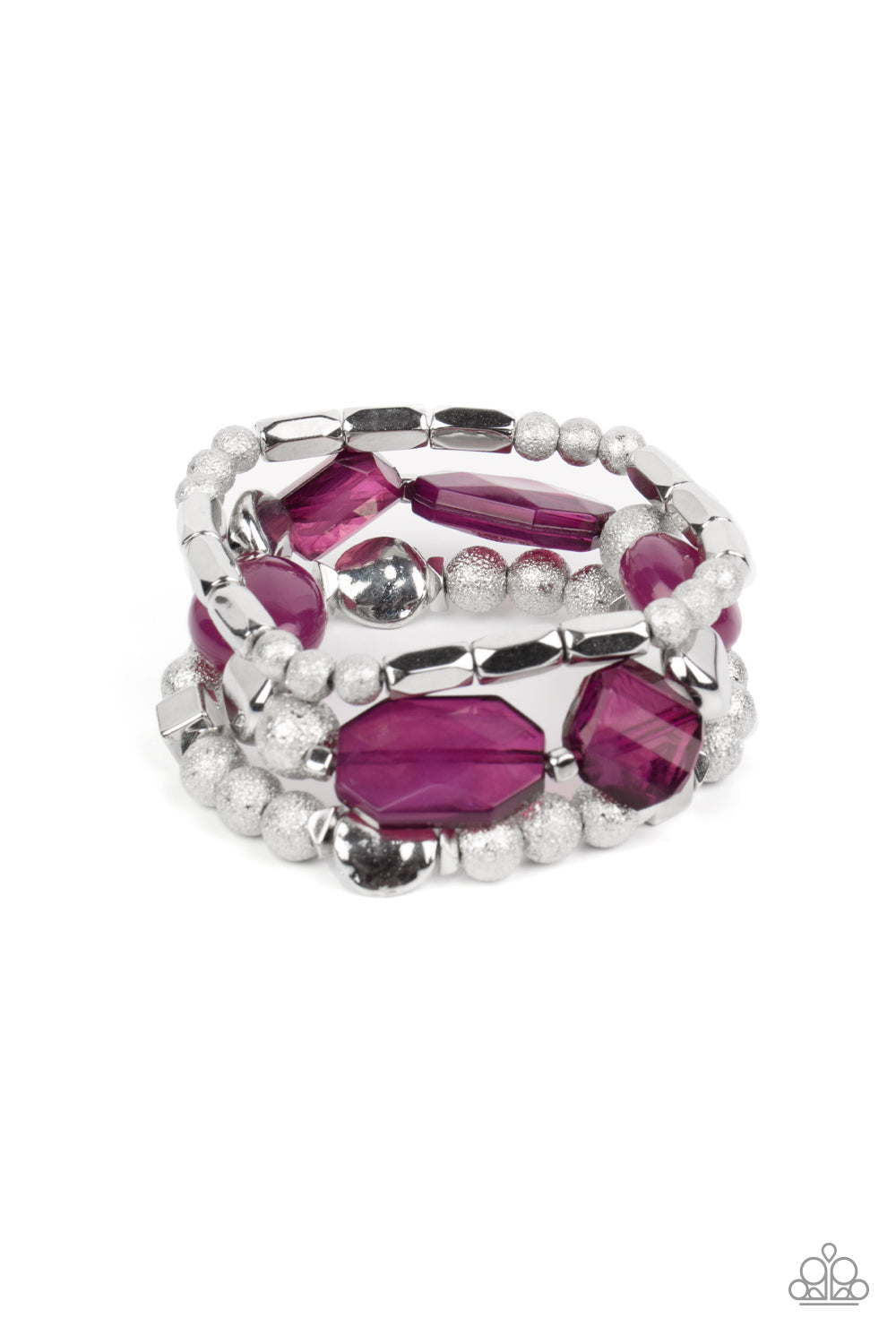 Marina Magic - Plum Purple - Silver Affordable Stretchy Bracelet - Paparazzi Accessories - Infused with vivacious pops of plum crystal-like and glassy accents, a mismatched assortment of hammered, cube, and faceted silver beads are threaded along stretchy bands around the wrist, creating shimmery layers. 