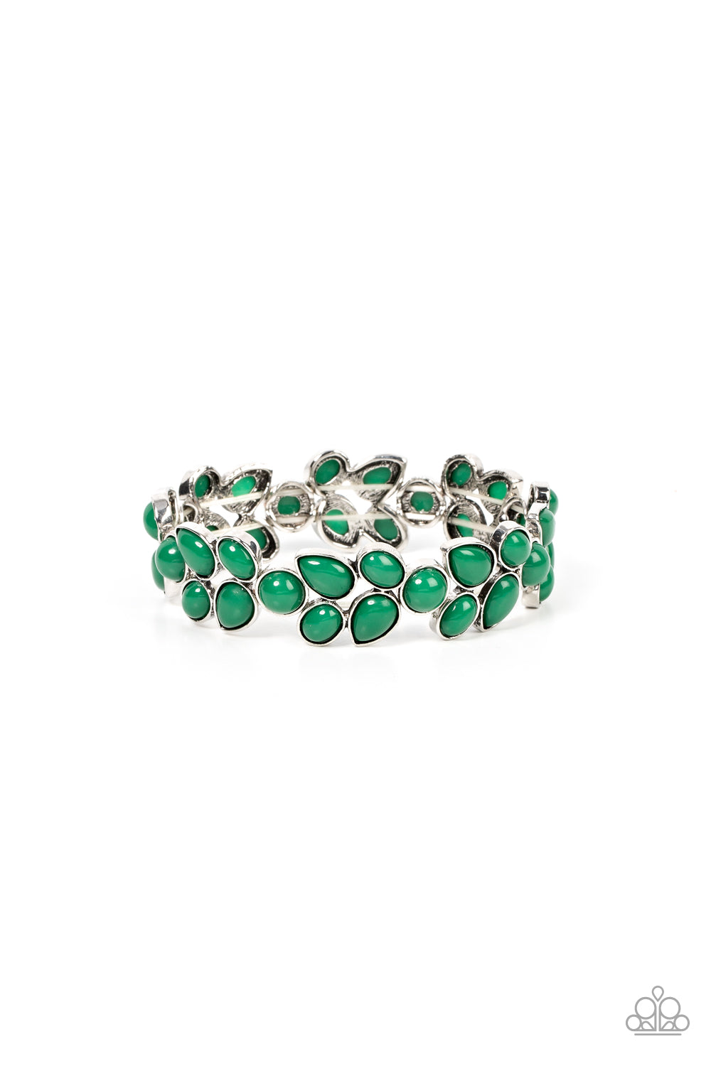 Marina Romance - Green and Silver Bracelet - Paparazzi Jewelry - Bejeweled Accessories By Kristie - A flourishing collection of Leprechaun oval, round, and teardrop beads coalesce into abstract floral-inspired frames. The enchanting frames, threaded along stretchy bands, add a refreshing pop of color around the wrist. Sold as one individual bracelet.