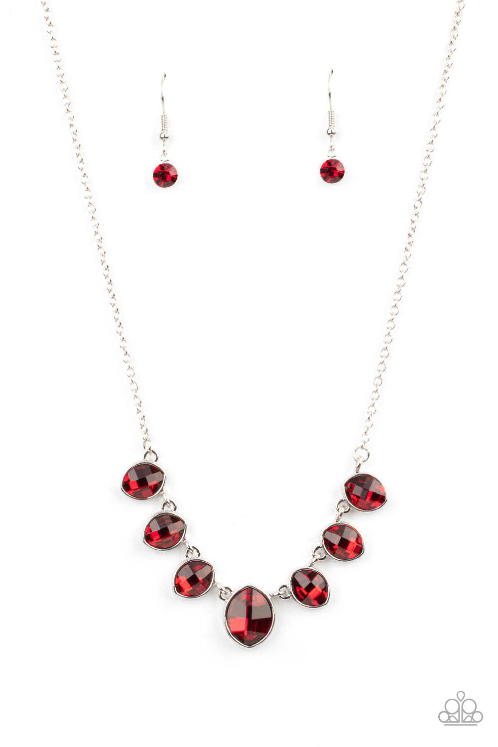 Material Girl Glamour - Red Rhinestone - Silver Necklace - Paparazzi Jewelry  - Bejeweled Accessories By Kristie - Elegant cut fiery red rhinestones delicately connect below the collar. An oversized red rhinestone adorns to the middle of the glittery strand, creating a sparkly centerpiece. Features an adjustable clasp closure.