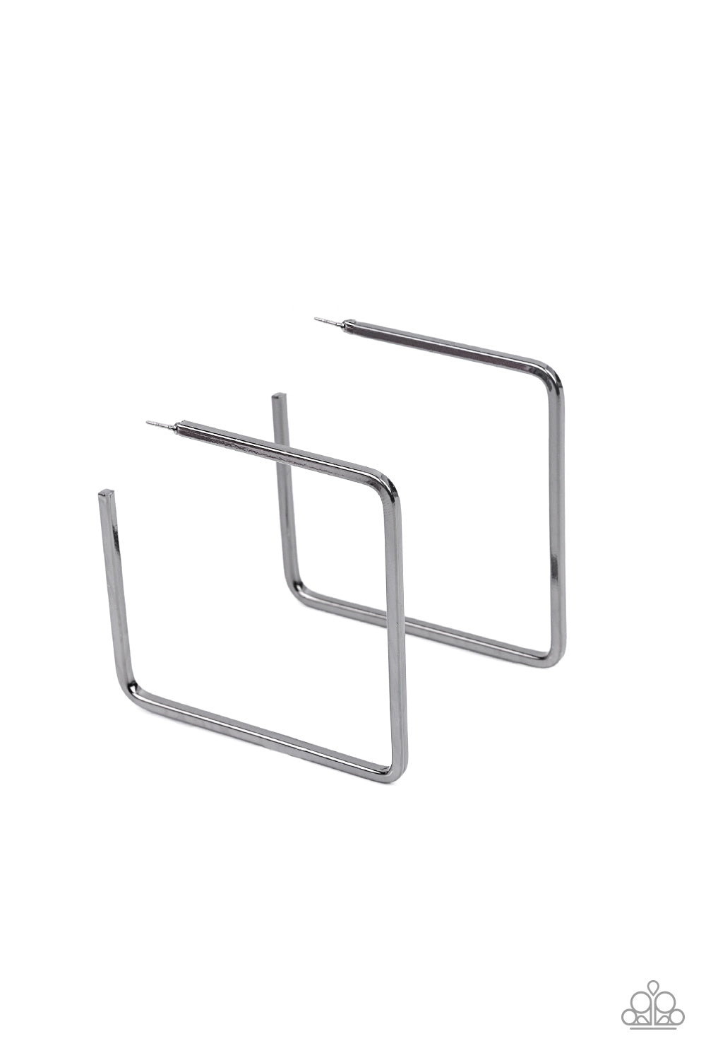 Material Girl Magic - Black - Gunmetal Hoop Earrings - Paparazzi Accessories - A deceptively simple square frame is tilted on point to create a geometric hoop. Its sharp angles are complemented by its rich gunmetal finish, making a lasting impression. Earring attaches to a standard post fitting. Hoop measures approximately 2" in diameter. Sold as one pair of hoop earrings.