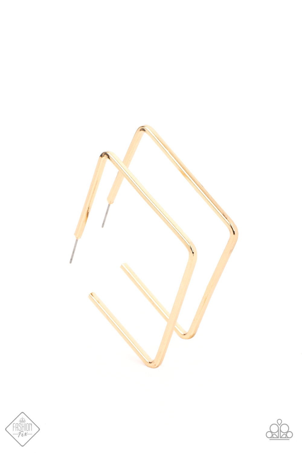 ​​​​Material Girl Magic - Gold Square Hoop Earrings - Paparazzi Accessories - A deceptively simple square frame is tilted on point to create a geometric hoop. Its sharp angles are complemented by its rich gold finish, making a lasting impression. Earring attaches to a standard post fitting. Hoop measures approximately 2" in diameter. Sold as one pair of hoop earrings.
