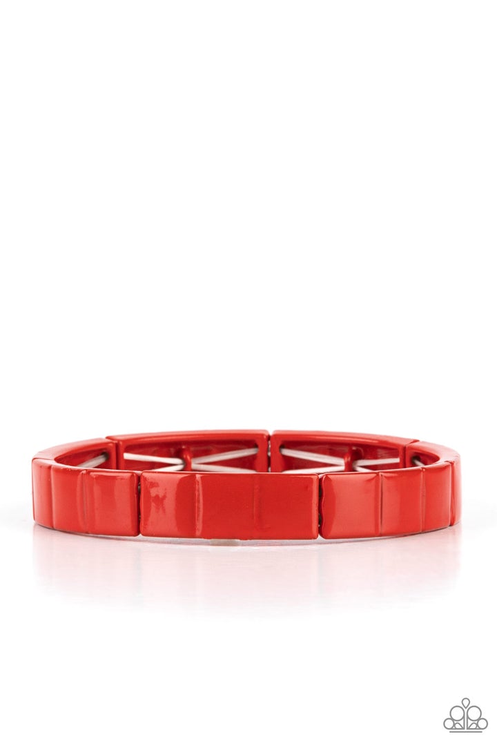Material Movement - Red Stretchy Bracelet - Paparazzi Jewelry - Bejeweled Accessories By Kristie - Metal rectangles painted in a fiery red finish are threaded along stretchy bands, forming a gorgeous pop of color that wraps around the wrist. Sold as one individual bracelet.
