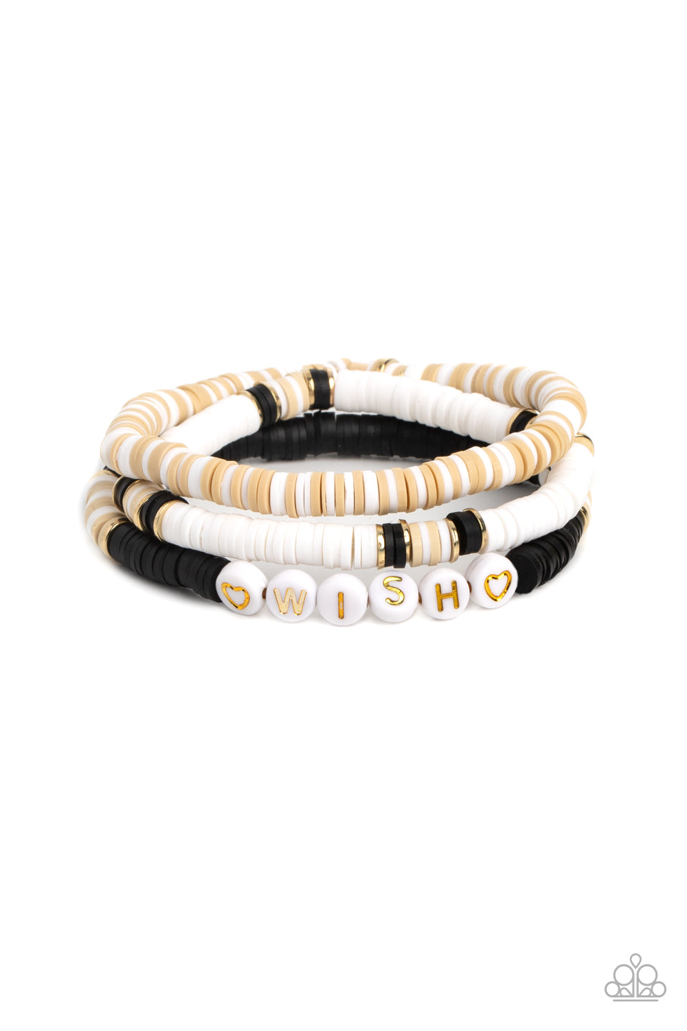 Matriarchal Melody - Black And Gold Wish Bracelet - Paparazzi Accessories - Varying in shades, tan, black, and white clay discs pair with shiny gold disc beads and accents creating layers across the wrist. Featured on one of the bracelets, white beads stamped with gold lettering spell out the word "wish," while gold heart silhouettes stamped in the same white beads frame the inspirational phrase for a wistful finish.