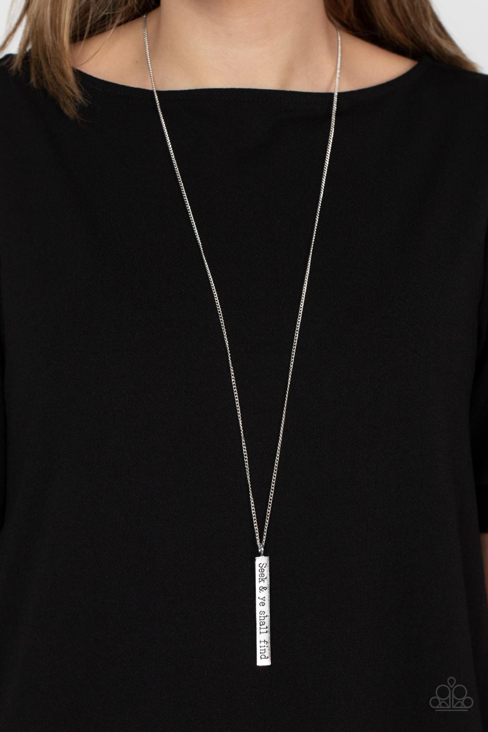 Matt 7:7 - Silver Fashion Necklace - Paparazzi Accessories - A flattened rectangular pendant is stamped in the biblical phrase, "Seek & ye shall find. Matt 7:7," creating an inspirational sight at the bottom of an extended silver chain. Features an adjustable clasp closure.