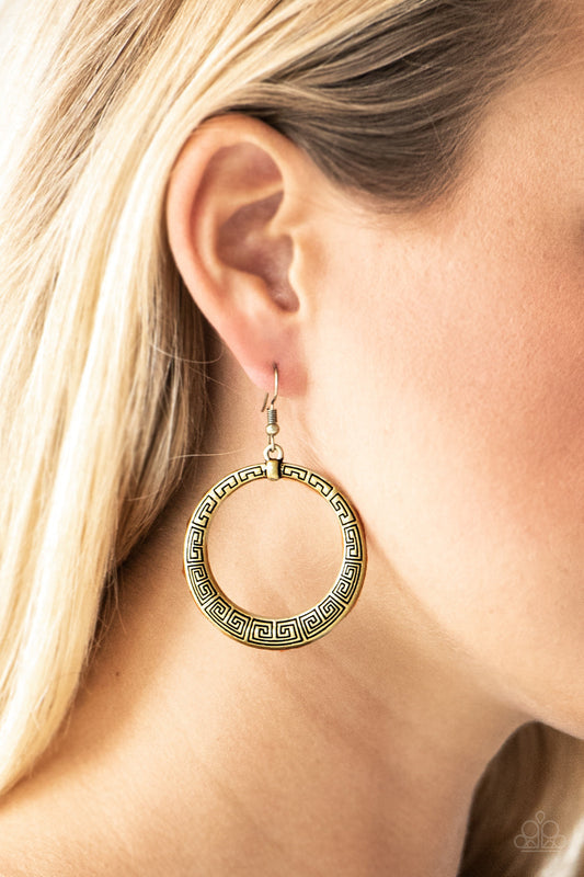 Mayan Mantra - Brass Fashion Earrings - Paparazzi Accessories - Bejeweled Accessories By Kristie - Brushed in an antiqued shimmer, a glistening brass hoop is stamped in dizzying patterns for a tribal inspired look. Earring attaches to a standard fishhook fitting.