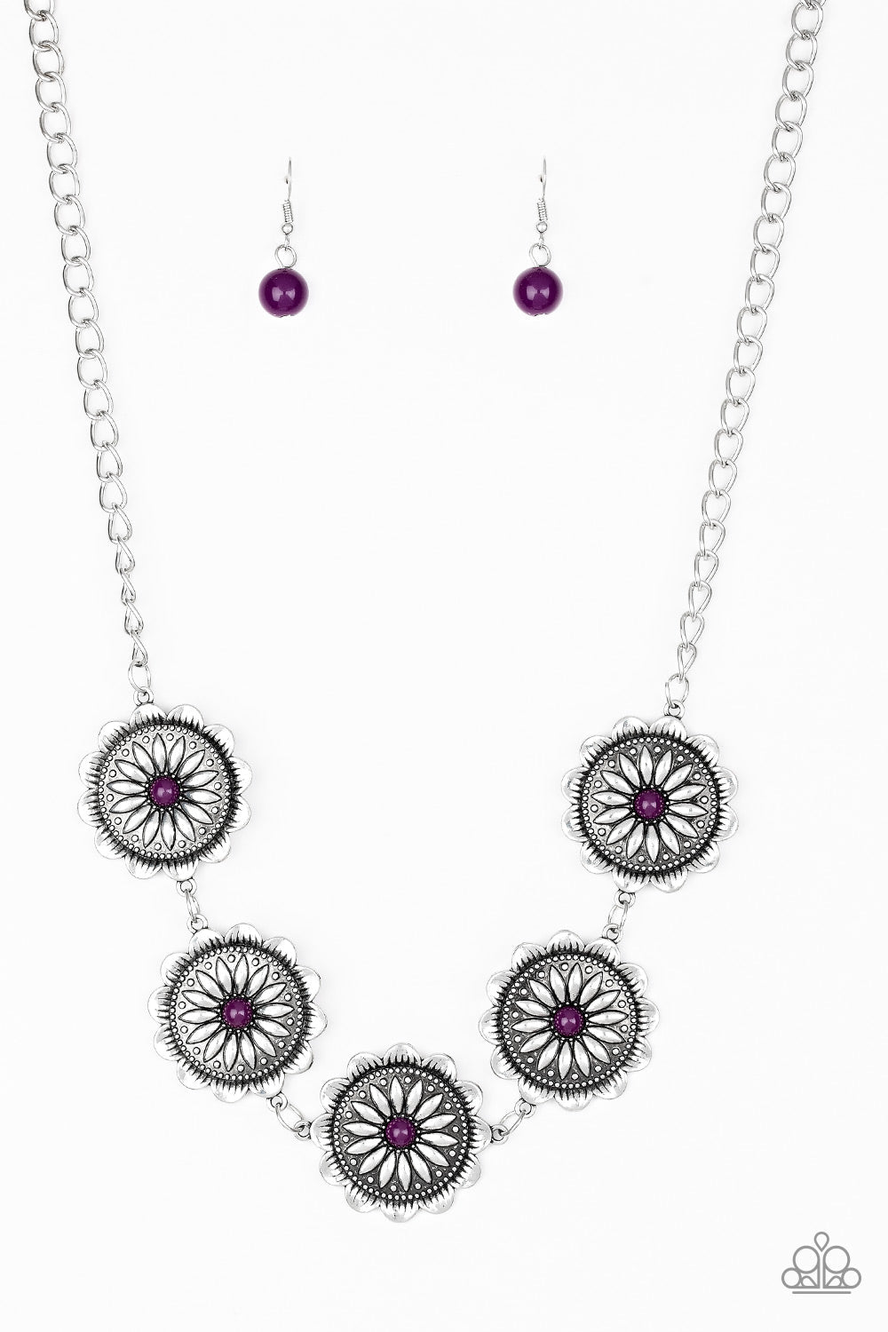 Me-dallions, Myself, and I - Purple and Silver Necklace - Paparazzi Accessories - Infused with shiny plum beaded centers, ornate floral stamped frames link below the collar for a colorfully, seasonal look. Features an adjustable clasp closure. Sold as one individual necklace.