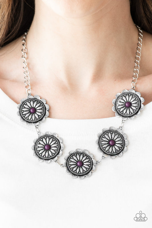 Me-dallions, Myself, and I - Purple and Silver Necklace - Paparazzi Accessories - Shiny plum beaded centers, ornate floral stamped frames link below the collar for a colorful fashion necklace.