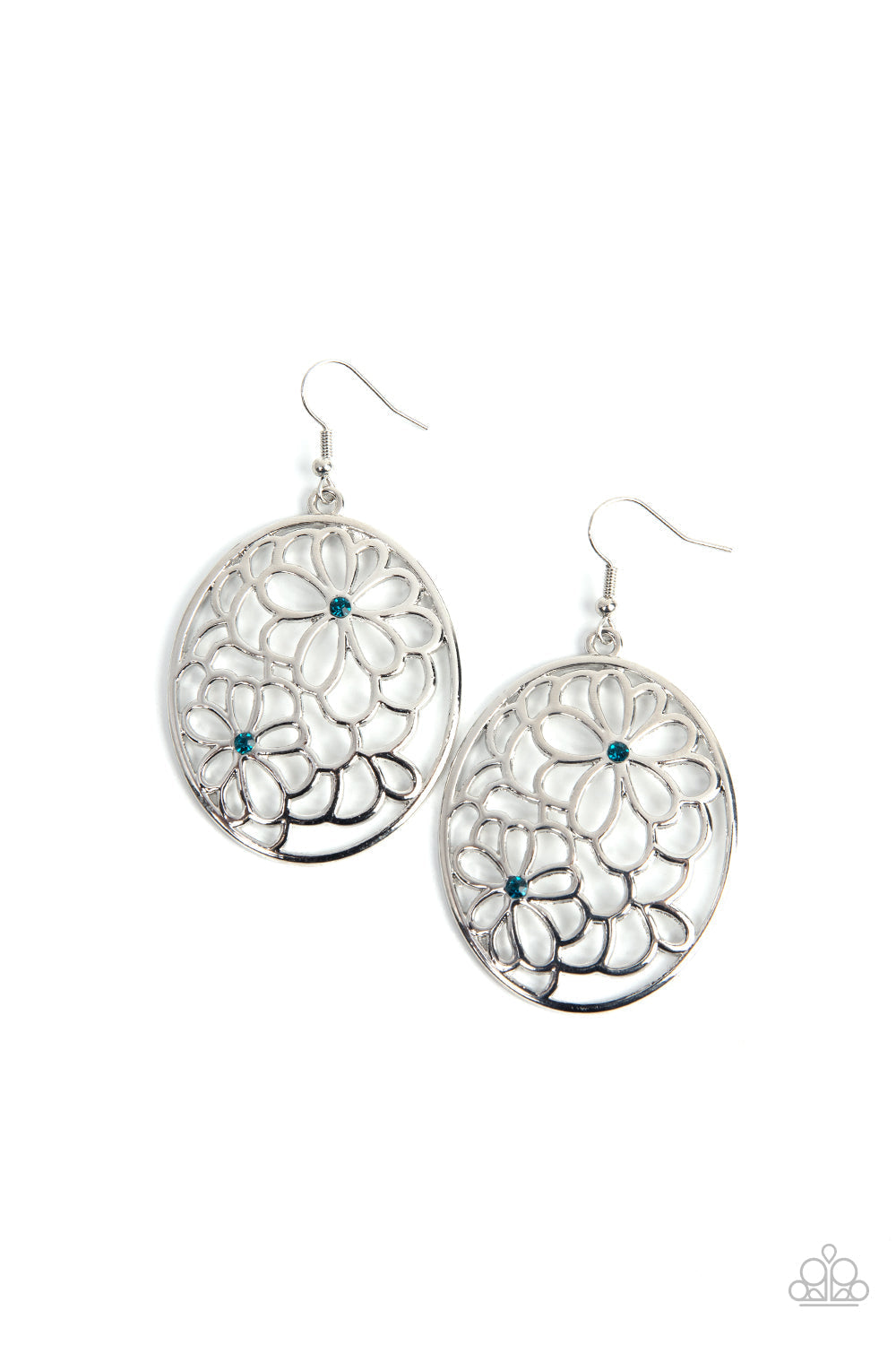Meadow Maiden - Blue and Silver Flower Earrings - Paparazzi Accessories - Sparkling blue rhinestones and silver flowers bloom inside a circular frame for a whimsically botanical display below the ear. Earring attaches to a standard fishhook fitting. Sold as one pair of earrings. 
