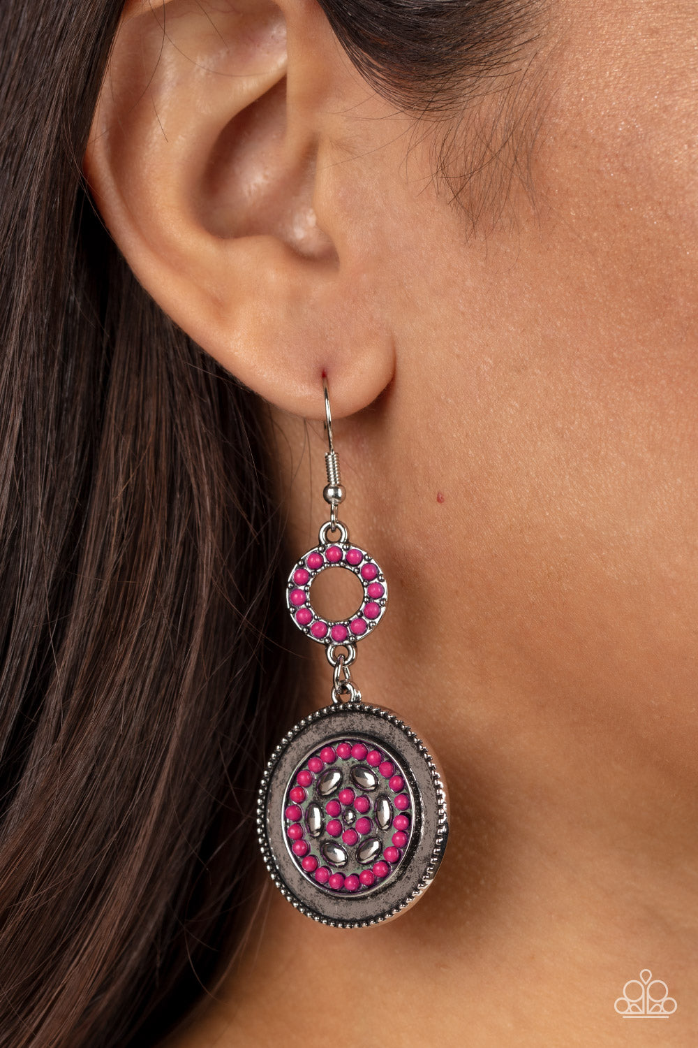 Meadow Mantra - Pink and Silver Earrings - Paparazzi Accessories - Dotted in dainty Fuchsia Fedora seed beads, a dainty silver hoop links to an ornate silver disc for a colorful floral finish. Earring attaches to a standard fishhook fitting. Sold as one pair of earrings.