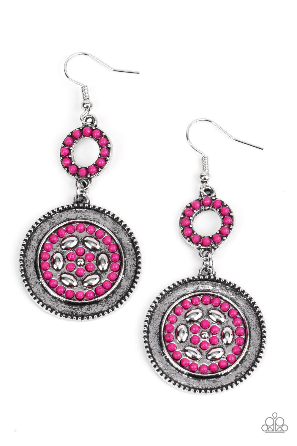 Meadow Mantra - Pink and Silver Earrings - Paparazzi Accessories - Dotted in dainty Fuchsia Fedora seed beads, a dainty silver hoop links to an ornate silver disc for a colorful floral finish. Earring attaches to a standard fishhook fitting. Sold as one pair of earrings.