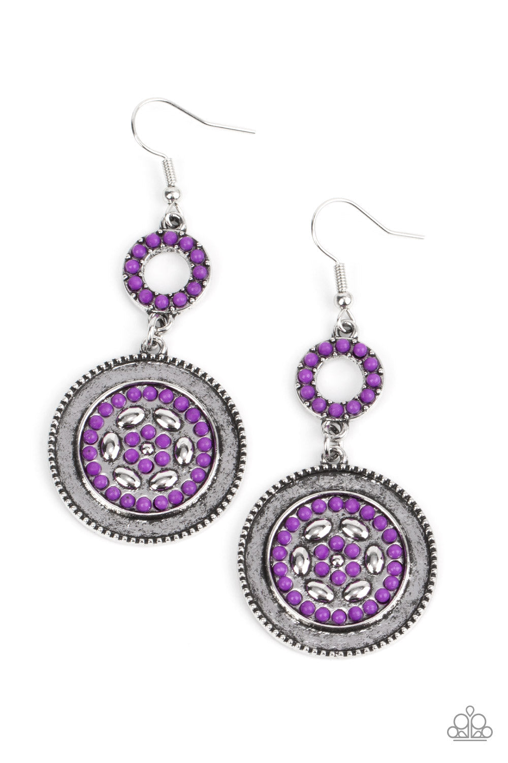 Meadow Mantra - Purple and Silver Earrings - Paparazzi Accessories - Bejeweled Accessories By Kristie -Dotted in dainty purple seed beads, a dainty silver hoop links to an ornate silver disc for a colorful floral finish. Earring attaches to a standard fishhook fitting.