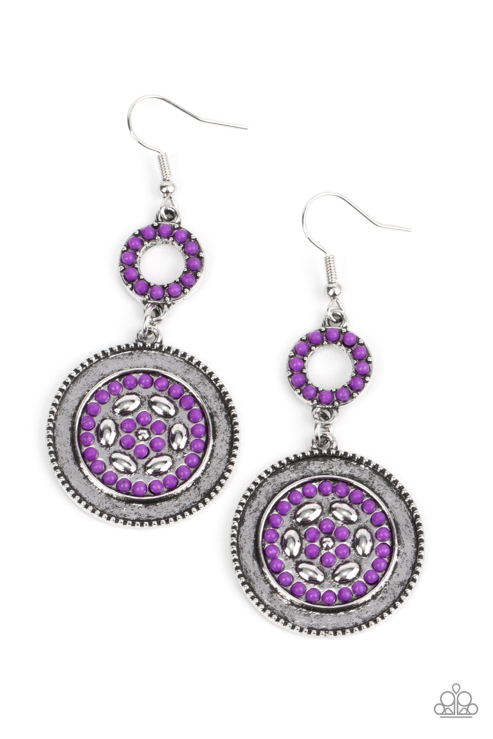Meadow Mantra - Purple and Silver Earrings - Paparazzi Accessories - Bejeweled Accessories By Kristie -Dotted in dainty purple seed beads, a dainty silver hoop links to an ornate silver disc for a colorful floral finish. Earring attaches to a standard fishhook fitting.