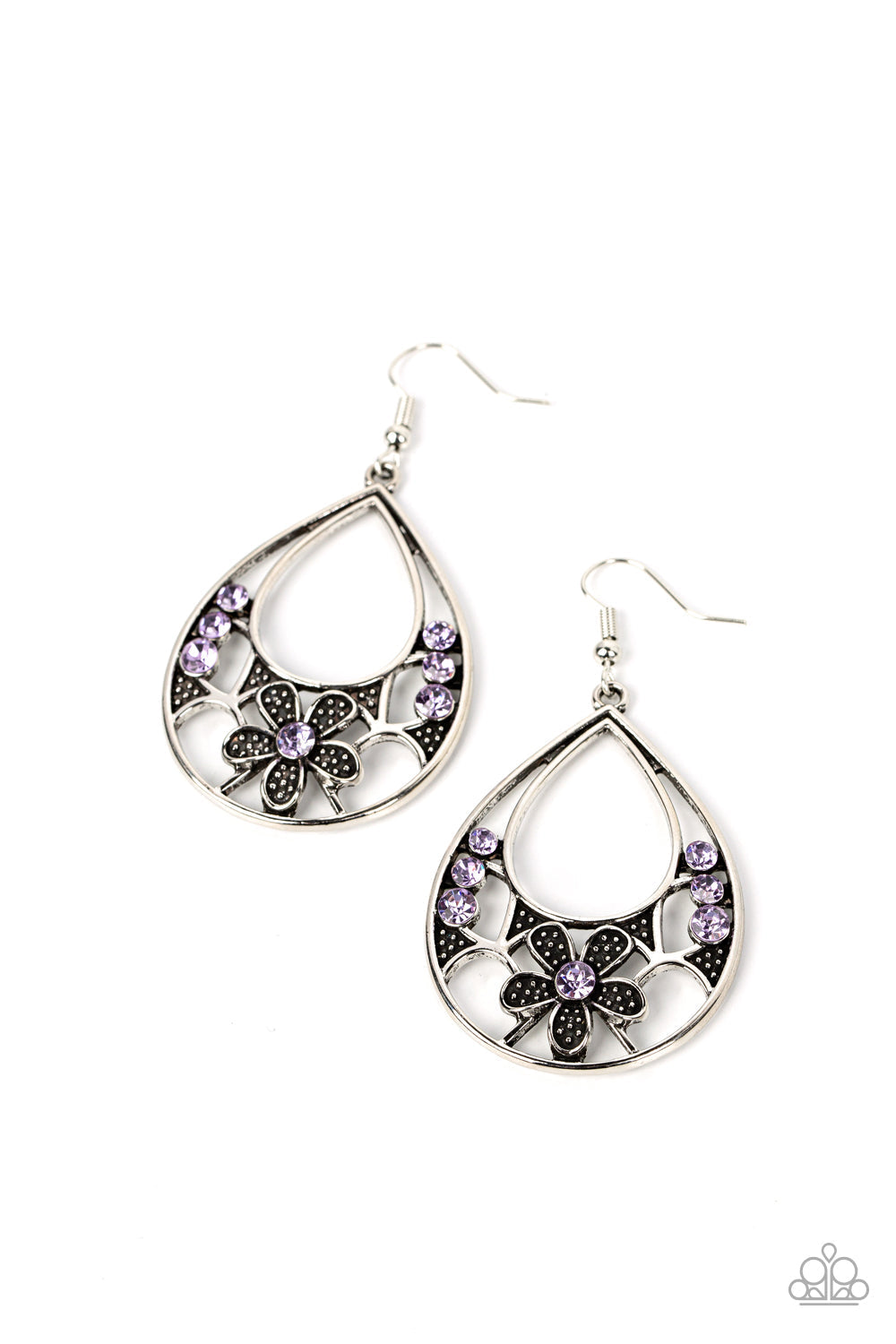 Meadow Marvel - Purple and Silver - Floral Earrings - Paparazzi Accessories - Dainty purple rhinestones and floral pattern blooms inside an airy teardrop frame. Earring attaches to a standard fishhook fitting. Sold as one pair of fashion earrings.