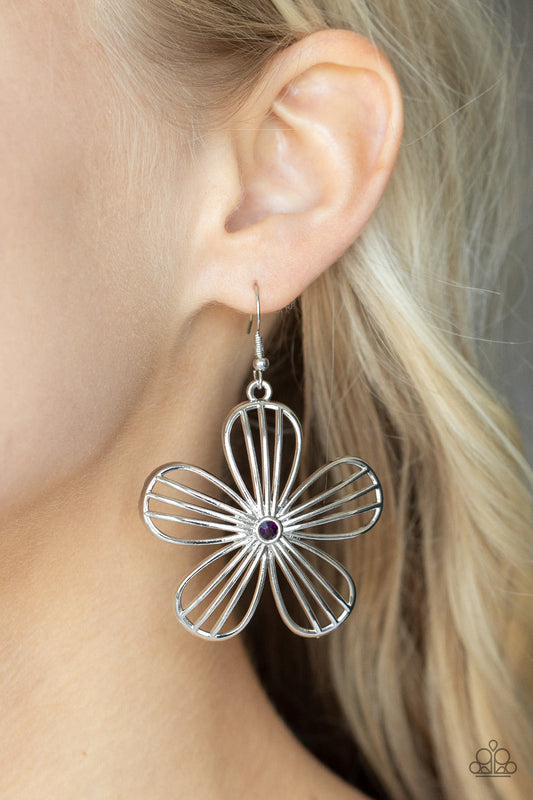 Meadow Musical - Purple and Silver - Floral Earrings - Paparazzi Accessories - Dainty purple rhinestone, airy silver petals streaked with linear bars bloom into an enchanting floral frame.