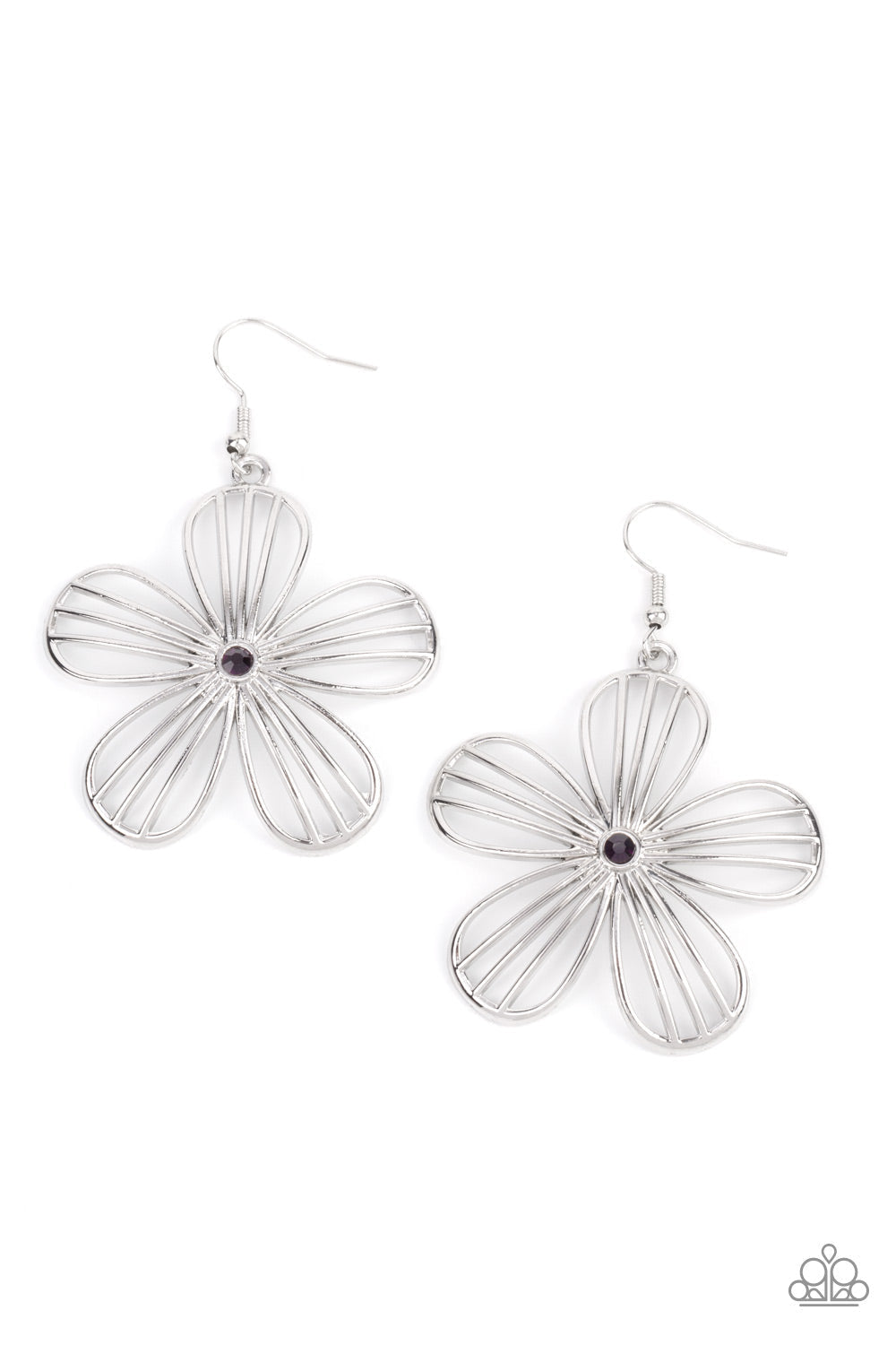 Meadow Musical - Purple and Silver - Floral Earrings - Paparazzi Accessories - Dainty purple rhinestone, airy silver petals streaked with linear bars bloom into an enchanting floral frame.