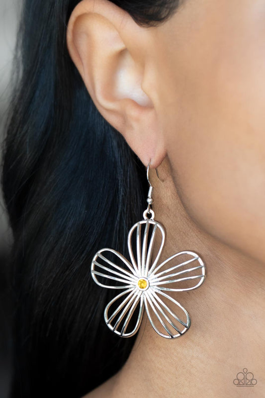 Meadow Musical - Yellow and Silver Floral Earrings - Paparazzi Accessories - Dotted with a dainty yellow rhinestone, airy silver petals streaked with linear bars bloom into an enchanting floral frame.