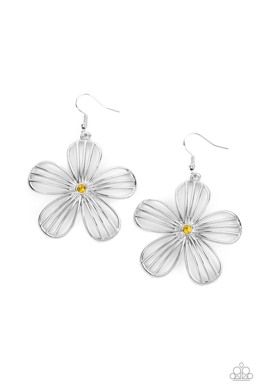 Meadow Musical - Yellow and Silver Floral Earrings - Paparazzi Accessories - Dotted with a dainty yellow rhinestone, airy silver petals streaked with linear bars bloom into an enchanting floral frame.